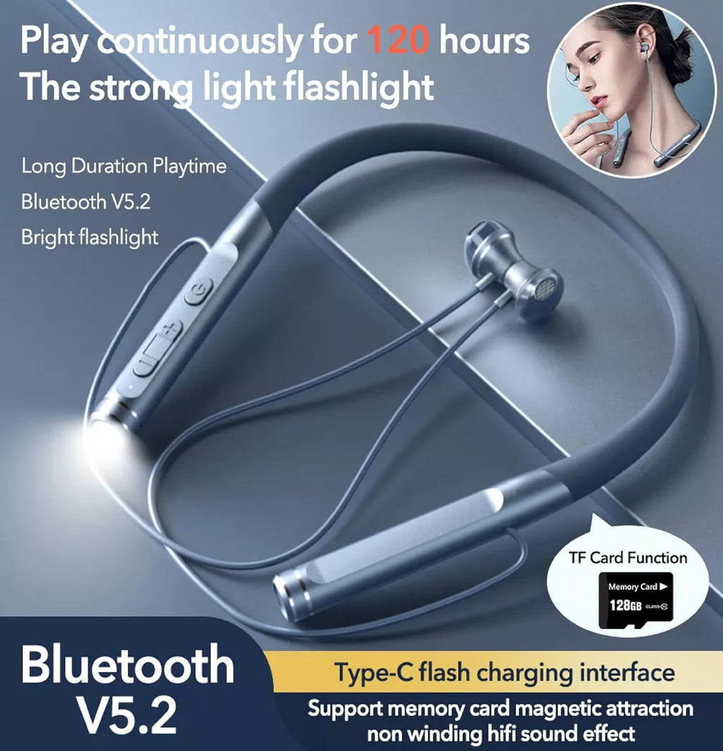 Wireless Neckband Earphones, Bluetooth 5.2, 120h Battery, TF Card Flashlight